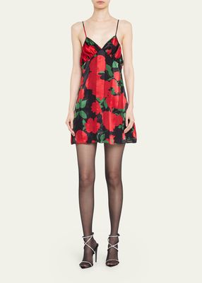 Rose-Print Silk Mini Dress