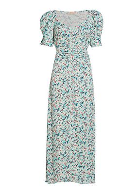Rose-Printed Ruched Maxi Dress
