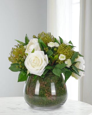 Roses and Proteas 11" Faux Floral Arrangement in Moss Garden Glass Vase