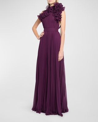 Rosette Ruffle One-Shoulder Pleated Georgette Gown