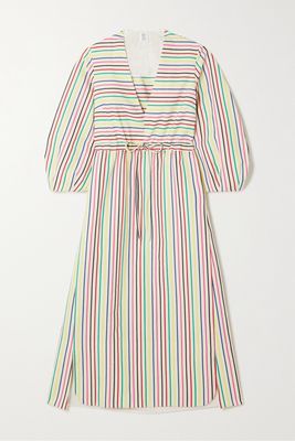 Rosie Assoulin - Vivella Gathered Striped Cotton And Linen-blend Midi Dress - Ivory