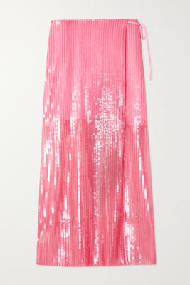 ROTATE Birger Christensen - Adia Sequined Recycled Stretch-tulle Midi Wrap Skirt - Pink