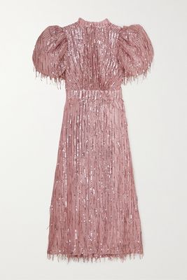 ROTATE Birger Christensen - Dawn Open-back Fringed Sequin-embellished Tulle Midi Dress - Pink