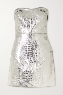 ROTATE Birger Christensen - Hemly Strapless Croc-effect Faux Leather Mini Dress - Silver