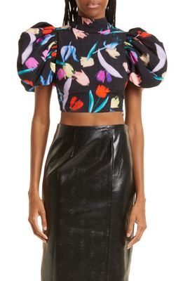 ROTATE Dusk Floral Cutout Puff Sleeve Crop Satin Blouse in Purple Orchid