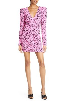 ROTATE Floral Button Front Long Sleeve Jacquard Minidress in Super Pink Combo