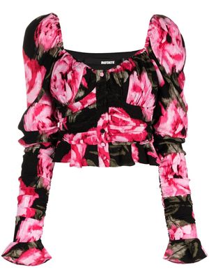 ROTATE floral-jacquard gathered cropped blouse - Black
