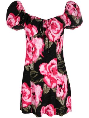 ROTATE floral-jacquard puff-sleeve mini dress - Black