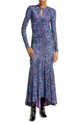 ROTATE Floral Long Sleeve Ruched Mesh Dress in Hyacinth Comb