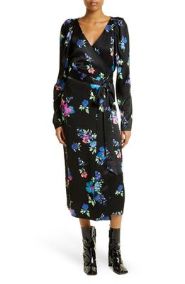 ROTATE Floral Long Sleeve Satin Midi Dress in Deep Ultramarine Comb