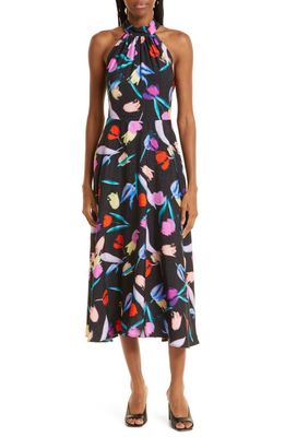 ROTATE Frederikke Floral Cutout Halter Neck Midi Dress in Purple Orchid
