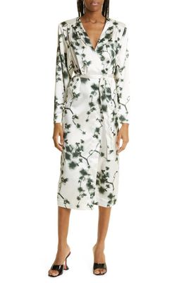 ROTATE Long Sleeve Floral Print Wrap Midi Dress in Sycamore Comb.