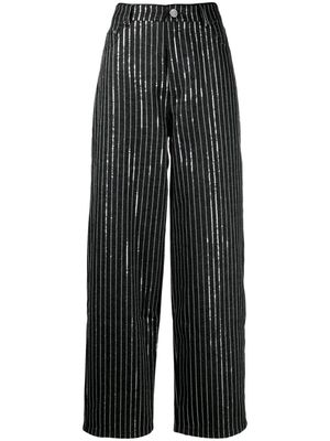 ROTATE sequinned striped wide-leg trousers - Black