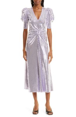 ROTATE Sierina Ruched Puff Sleeve Metallic Midi Dress in Lavender