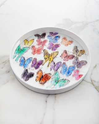 Round Lacquer & Wood Butterflies Serving Tray