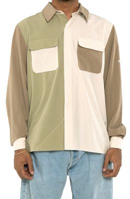 Round Two Colorblock Ripstop Tech Button-Up Shirt in Khaki