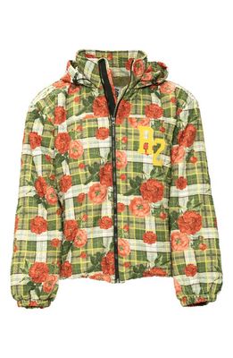 Round Two Crinkle Floral Print Puffer Jacket in Green