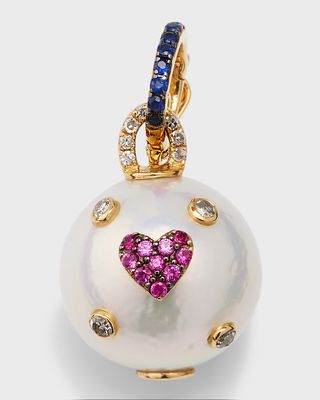 Round White Pearl Sapphire Heart Bezzeled Diamond Pendant