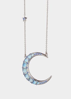 Rounded Crescent Moon Charm Necklace with Blue Topaz and Sapphires