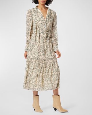 Roussel Ruched Paisley-Print Midi Dress