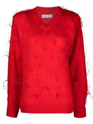 Rowen Rose feather V-neck fine-knit jumper - Red