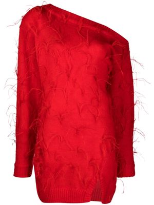 Rowen Rose one-shoulder feather-detail minidress - Red