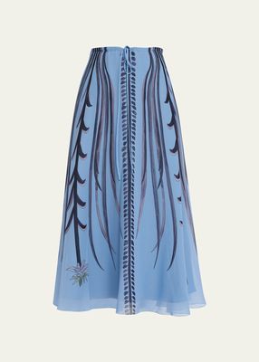 Roxana Botanical-Print Drawstring Silk Maxi Skirt