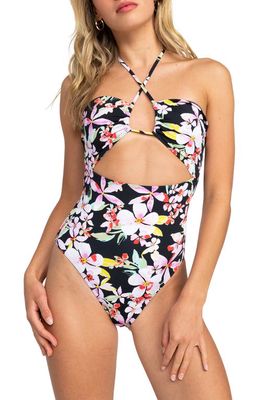 Roxy Beach Classics Floral Cutout One-Piece Swimsuit in Anthracite New Life