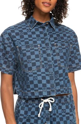 Roxy Blue Wave Print Cotton Denim Crop Shirt in Mood Indigo Sol Powe