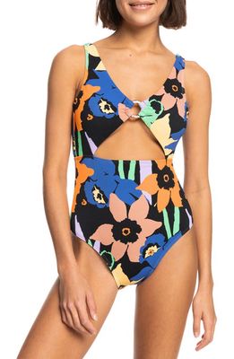 Roxy Color Jam Cutout One-Piece Swimsuit in Anthracite Flower Ja