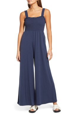 Roxy Just Passing By Smocked Square Neck Wide Leg Jumpsuit in Mood Indigo