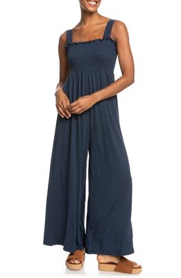 Roxy Just Passing By Smocked Wide Leg Jumpsuit in Mood Indigo