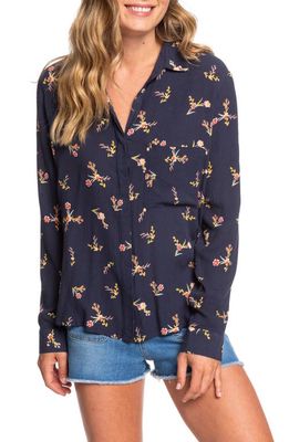 Roxy Mess Is Mine Long Sleeve Button Front Top in Mood Indigo In My Bag