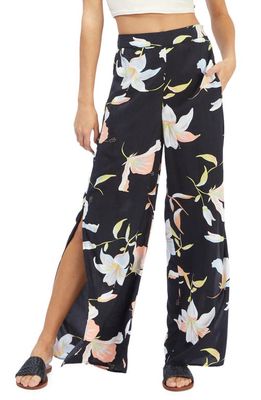 Roxy Midnight Avenue Floral Slit Hem Wide Leg Pants in Anthracite Big Hibiscus