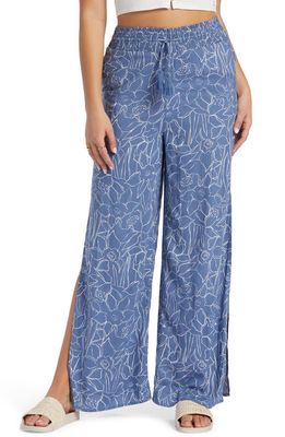 Roxy Tropical Rhythm Slit Hem Wide Leg Pants in Bijou Blue Linear Flower