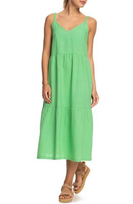 Roxy Waiting Line Tiered Cotton Blend Midi Sundress in Absinthe Green