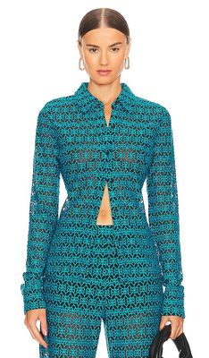 RTA Embroidered Button Up Shirt in Teal