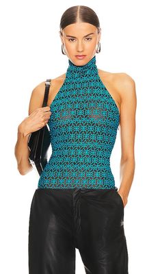 RTA Embroidered Mock Neck Bodysuit in Teal
