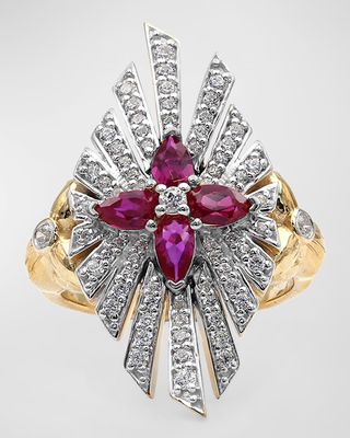 Ruby and Diamond Flower Statement Ring, Size 7