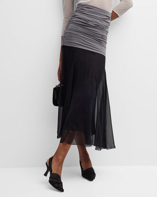 Ruched A-Line Jersey & Chiffon Midi Skirt