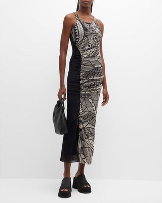 Ruched Abstract-Print Sleeveless Tulle Dress