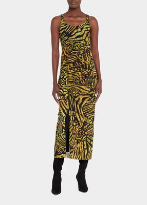 Ruched Abstract-Print Tulle Midi Dress