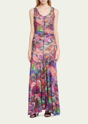 Ruched Coral-Print Sleeveless Tulle Maxi Dress