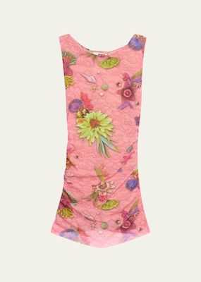 Ruched Floral Lace-Print Tulle Tank Top