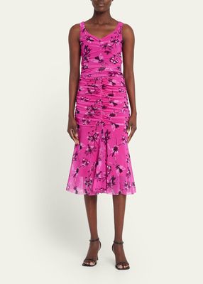 Ruched Floral-Print Midi Skirt