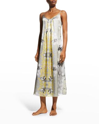 Ruched Floral-Print Satin Nightgown