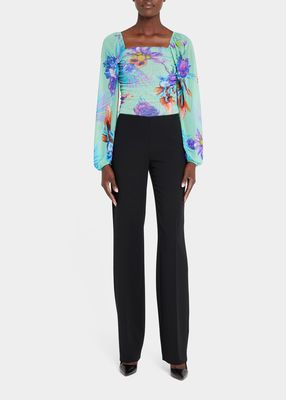 Ruched Floral-Print Tulle Blouse