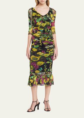 Ruched Floral-Print Tulle Midi Dress