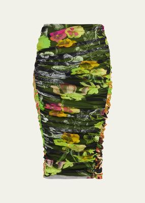 Ruched Floral-Print Tulle Midi Skirt