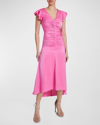 Ruched Flutter-Sleeve High-Low Midi Dress